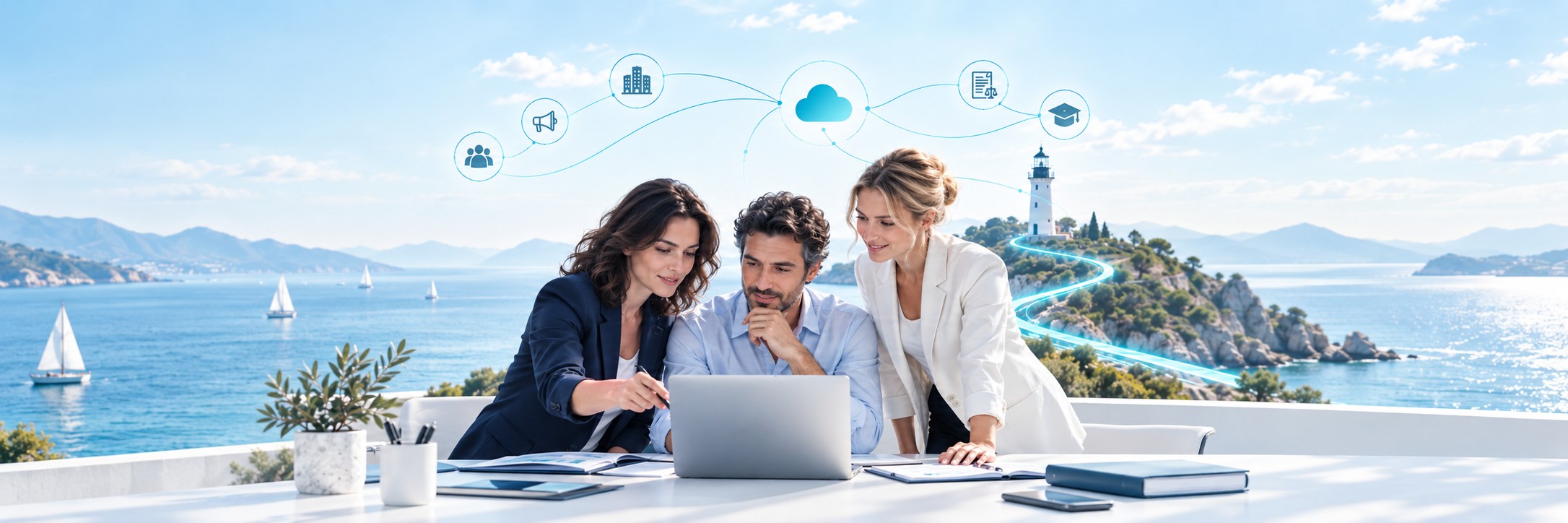 Visual illustrativo: professionisti al lavoro, connessioni cloud e una rotta digitale verso il faro